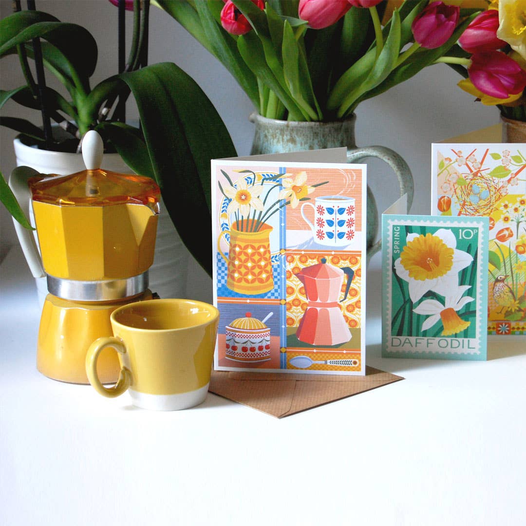 Coffee & Daffodil greetings card